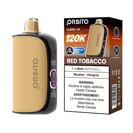 Vape jetable rechargeable Orbito Lumo AI 120k bouffées Tabac Rouge 20 mg
