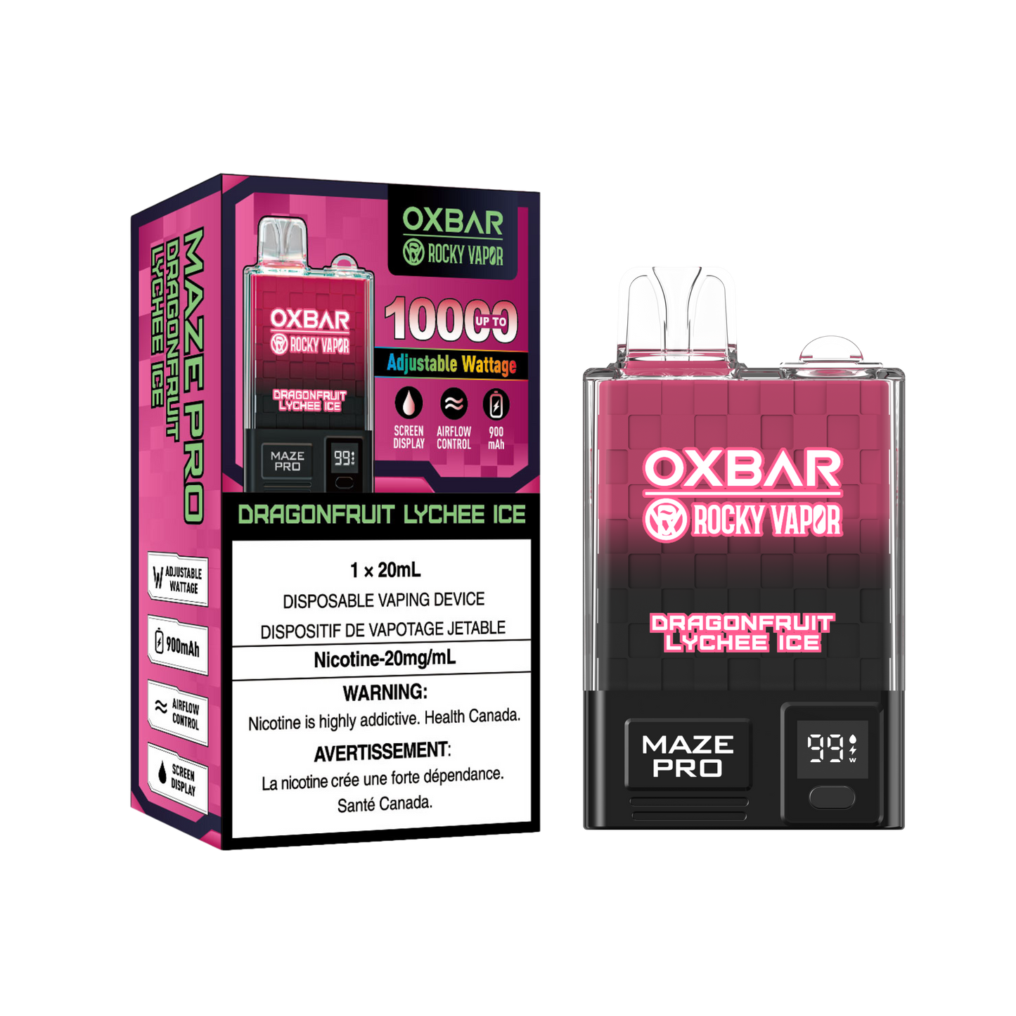 Oxbar Rocky Vapor Maze Pro 10K Puffs Dragon Fruit Lychee Ice Adjustable Wattage Rechargeable Disposable Vape 20Mg