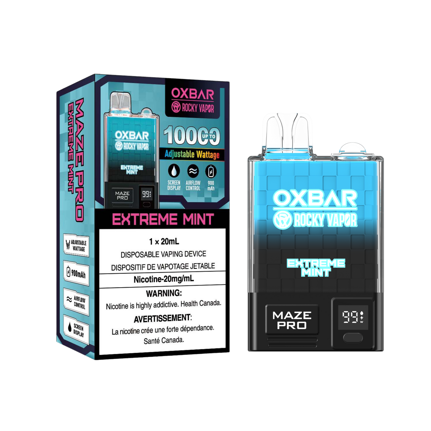 Oxbar Rocky Vapor Maze Pro 10K Puffs Extreme Mint Adjustable Wattage Rechargeable Disposable Vape 20Mg