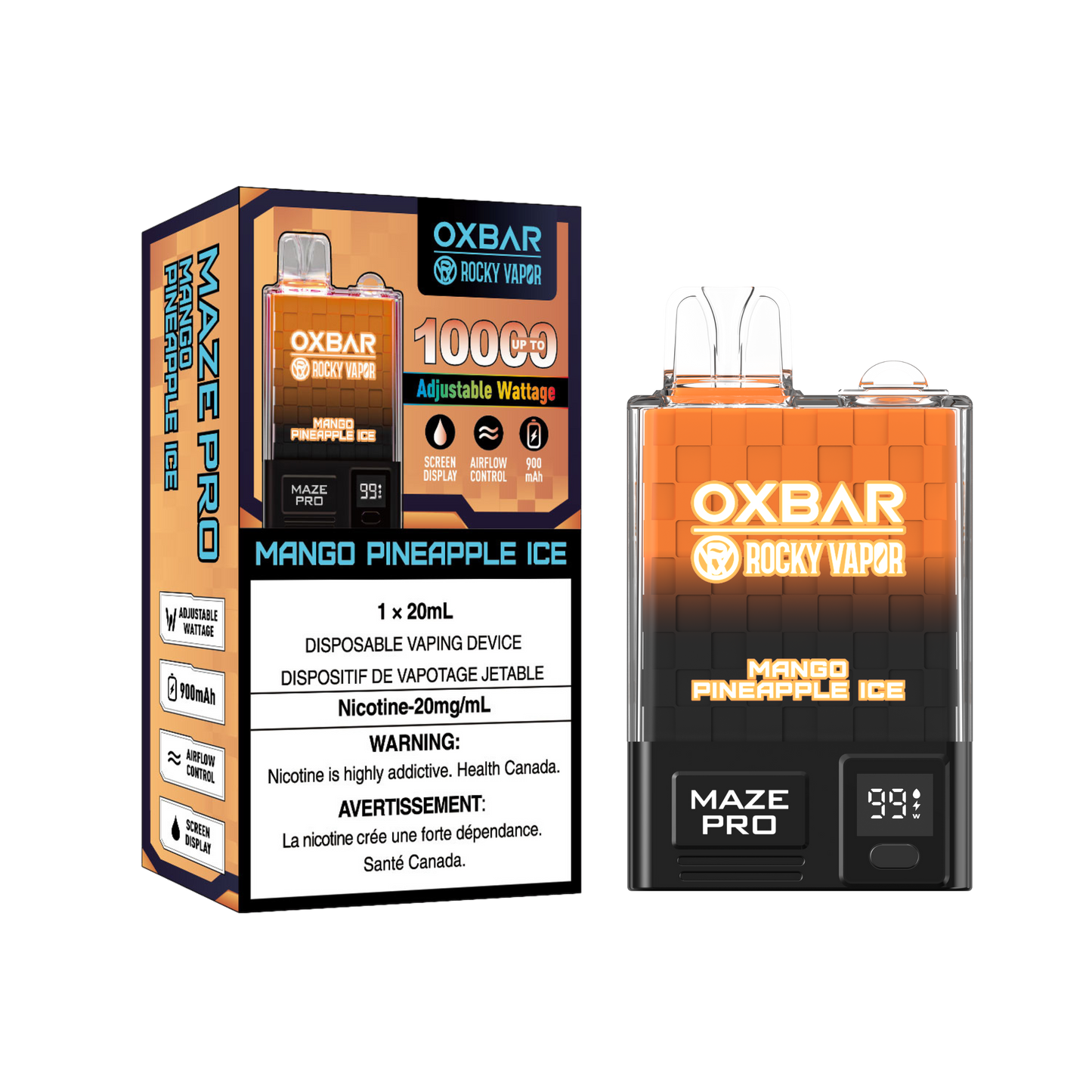 Oxbar Rocky Vapor Maze Pro 10K Puffs Mango Pineapple Ice Adjustable Wattage Rechargeable Disposable Vape 20Mg