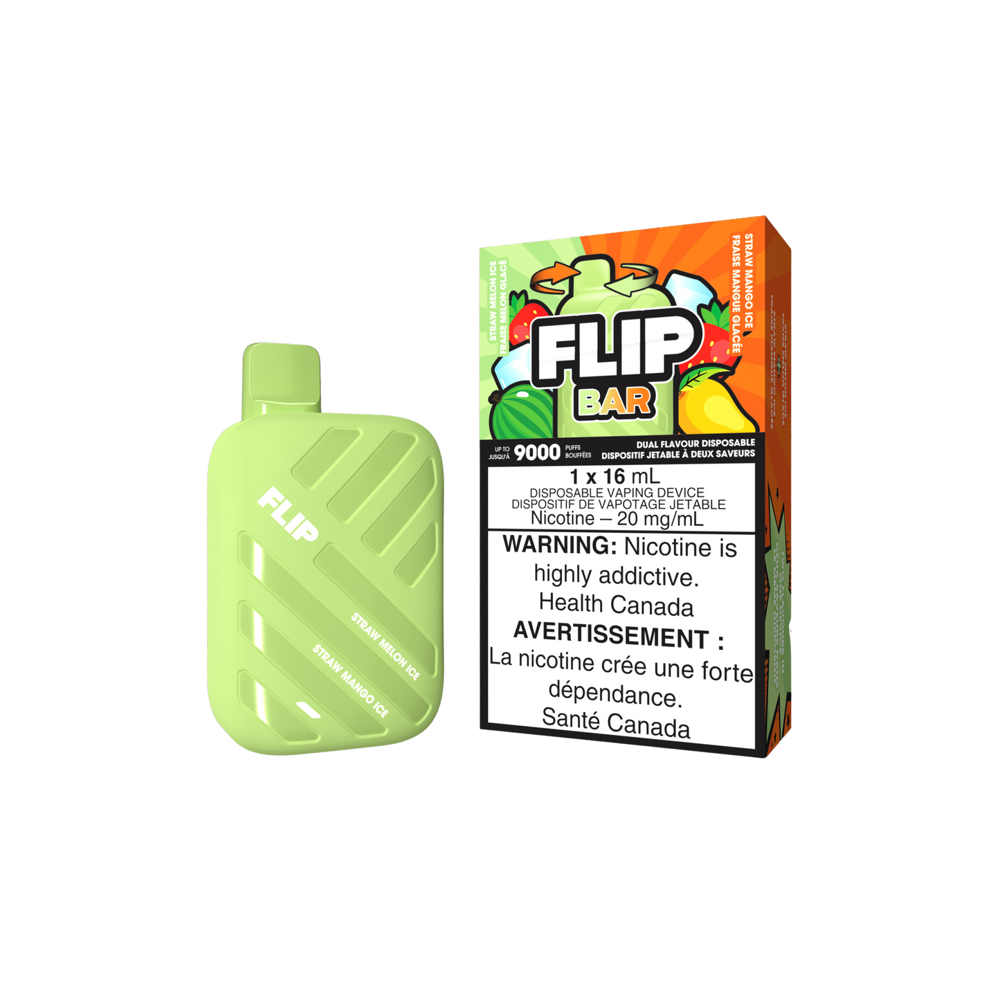 Flip Bar 9K 9000 Puffs Paille Melon Glace &amp; Paille Mangue Glace Vape Jetable Rechargeable 20Mg