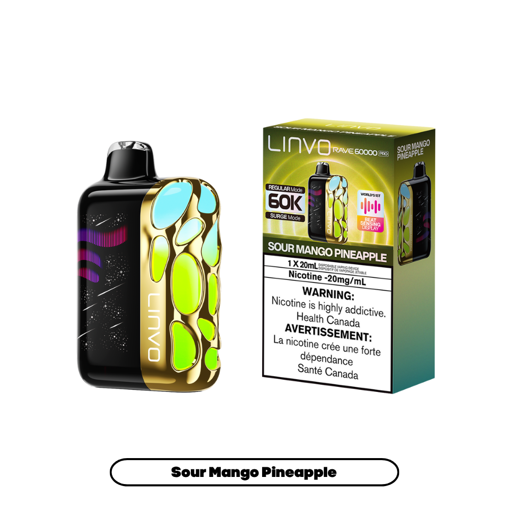 Linvo Rave 60000 bouffées - Vape jetable rechargeable Mangue Ananas Acidulé 20Mg