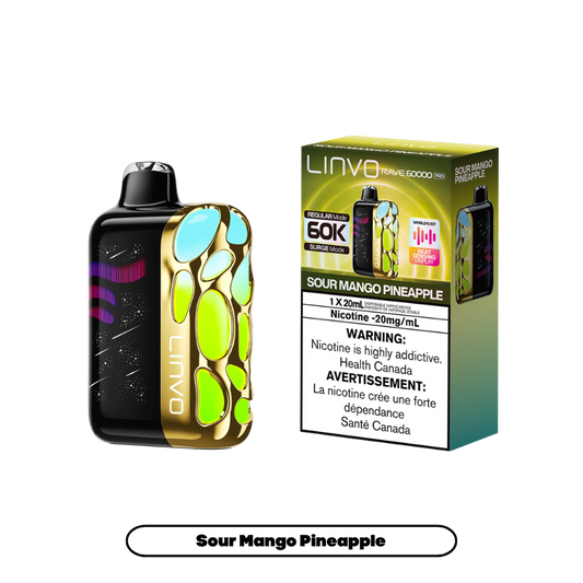 Linvo Rave 60000 bouffées - Vape jetable rechargeable Mangue Ananas Acidulé 20Mg