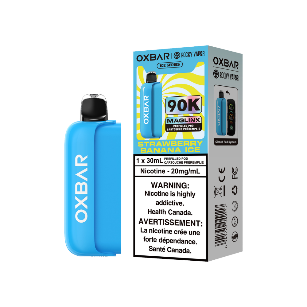 Pods préremplis jetables Oxbar Rocky Vapor Maglink 90K bouffées - Strawberry Banana Ice 20 mg