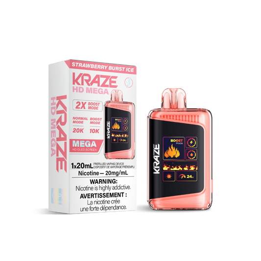 Kraze HD Mega 20K Puffs Strawberry Burst Ice Rechargeable Disposable Vape 20Mg