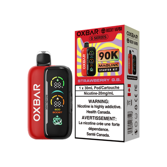 Kit de démarrage Oxbar Rocky Vapor Maglink 90 000 bouffées - Vape jetable rechargeable à système fermé de cartouches myrtille framboise 20 mg