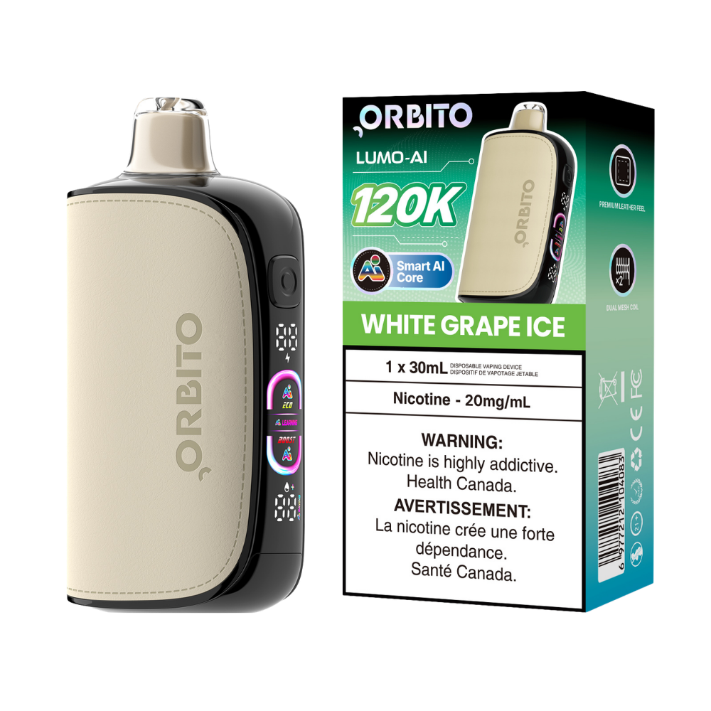 Cigarette électronique jetable rechargeable Orbito Lumo AI 120k bouffées, raisin blanc glacé, 20 mg