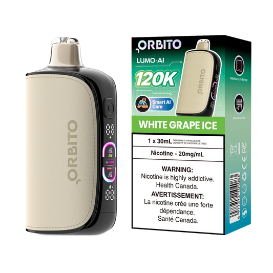 Cigarette électronique jetable rechargeable Orbito Lumo AI 120k bouffées, raisin blanc glacé, 20 mg