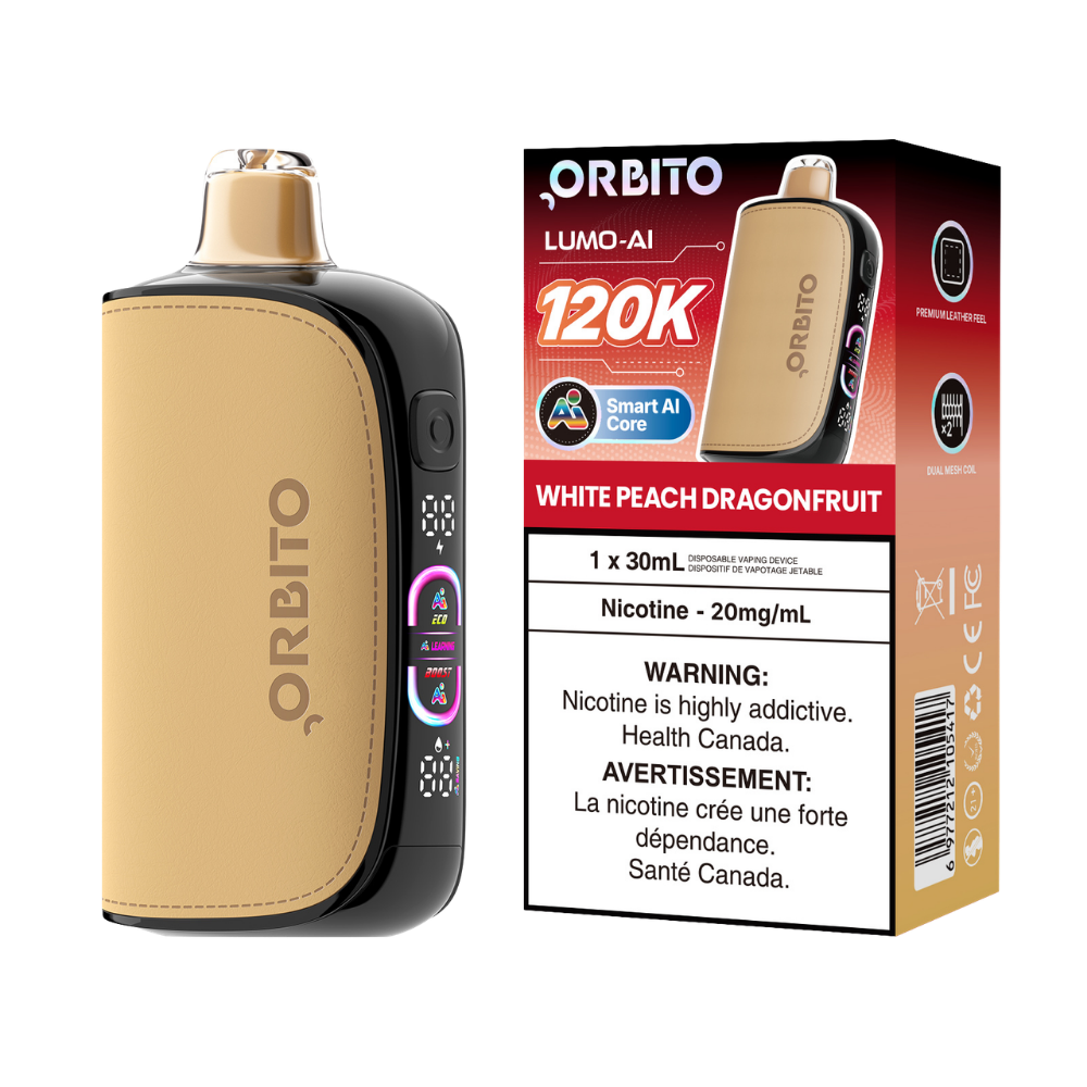 Vape jetable rechargeable Orbito Lumo AI 120k bouffées, pêche blanche et fruit du dragon, 20 mg
