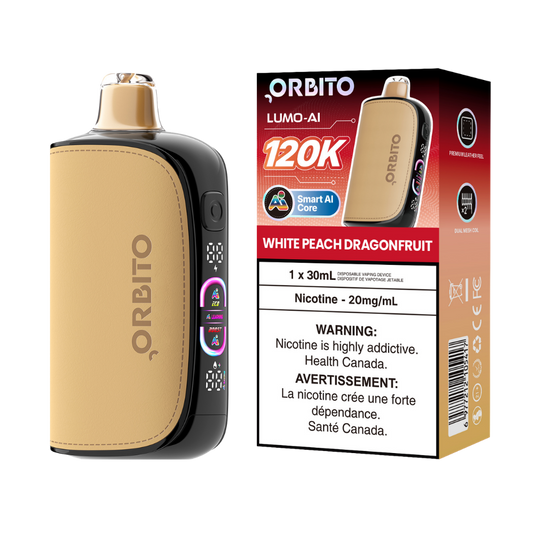 Vape jetable rechargeable Orbito Lumo AI 120k bouffées, pêche blanche et fruit du dragon, 20 mg
