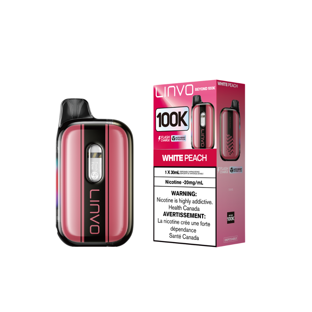 Linvo Beyond 100K - White Peach Adjustable Wattage Rechargeable Disposable Vape 20Mg