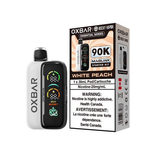 Oxbar Rocky Vapor Maglink Starter Kit 90K Puffs - White Peach Rechargeable Disposable/Closed Pod System Vape 20Mg