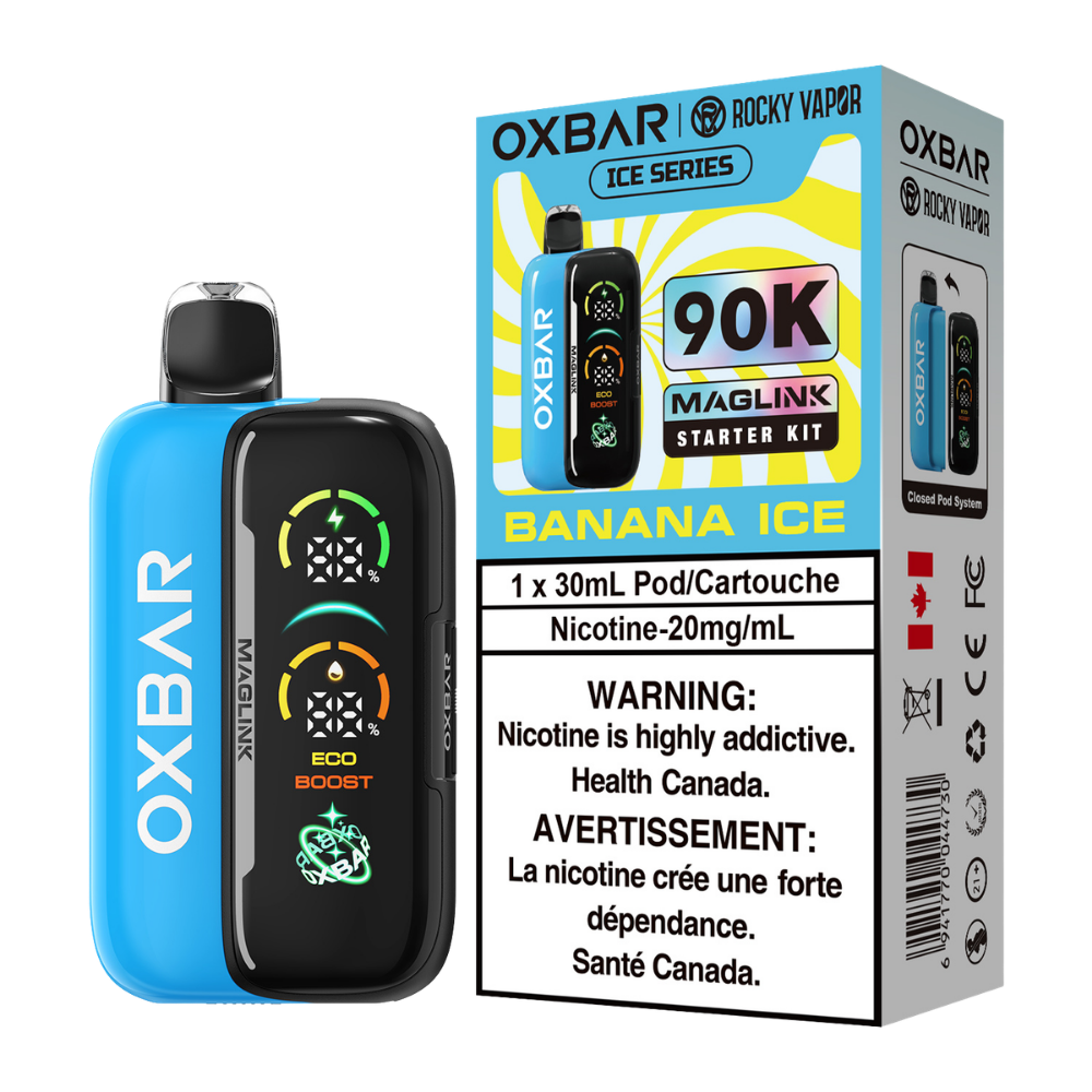 Oxbar Rocky Vapor Maglink Starter Kit 90K Puffs - Banana Ice Rechargeable Disposable/Closed Pod System Vape 20Mg