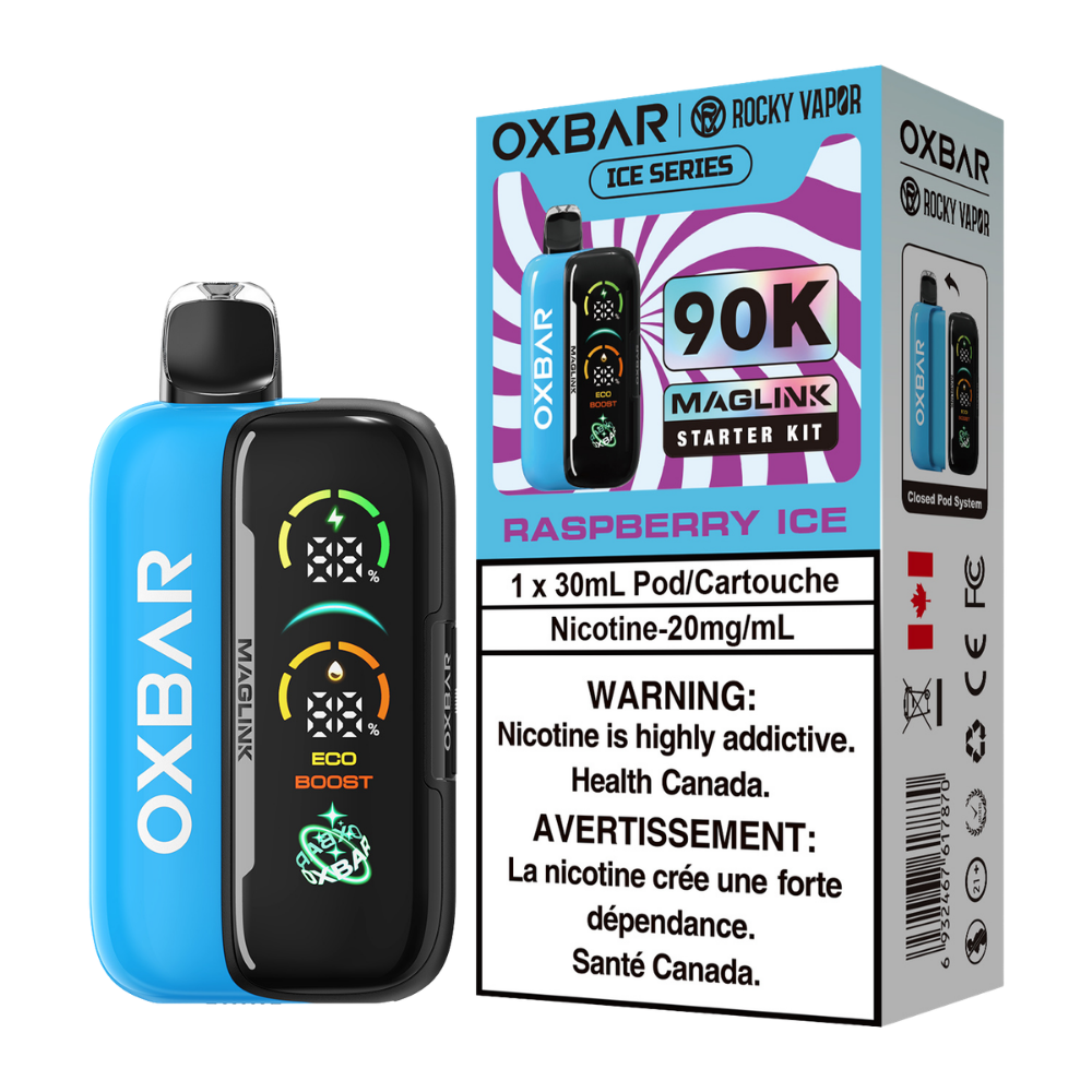Oxbar Rocky Vapor Maglink Starter Kit 90K Puffs - Raspberry Ice Rechargeable Disposable/Closed Pod System Vape 20Mg